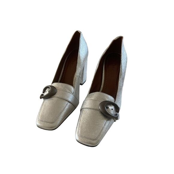 Coach Womens Silver 85mm Buckle Square Toe Metallic Jade Pump Shoes Size 5 - Picture 1 of 9